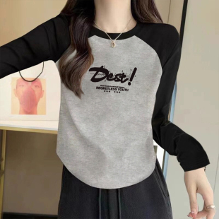 2025春秋新款 体恤上衣女 灰色撞色插肩t恤潮小众字母印花正肩长袖