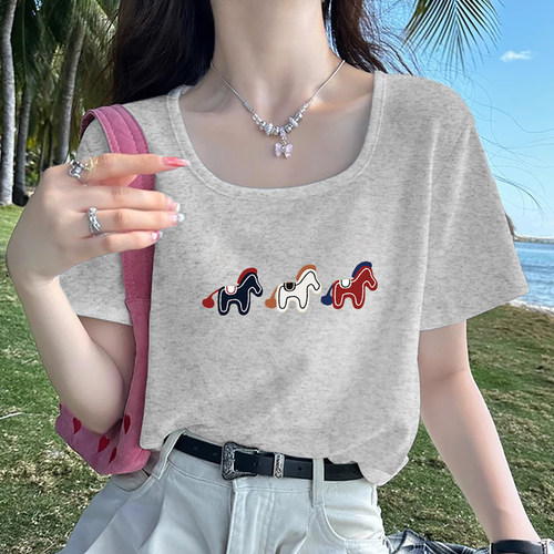 正肩方领纯色百搭短袖T恤女夏季新款灰色设计感小众显瘦上衣ins潮