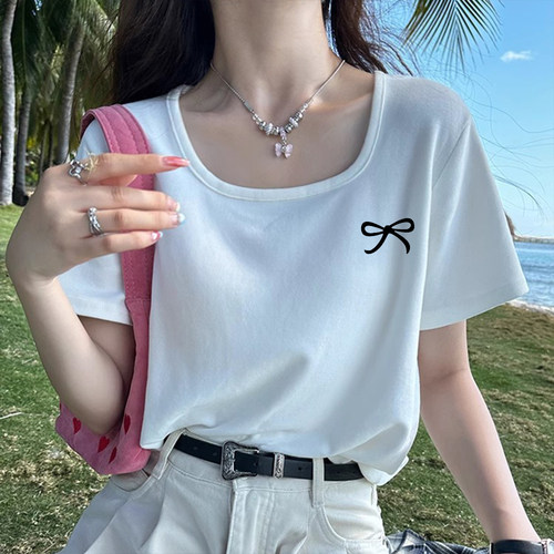 纯色方领正肩短袖t恤女2026夏季简约气质百搭通勤纯棉打底上衣
