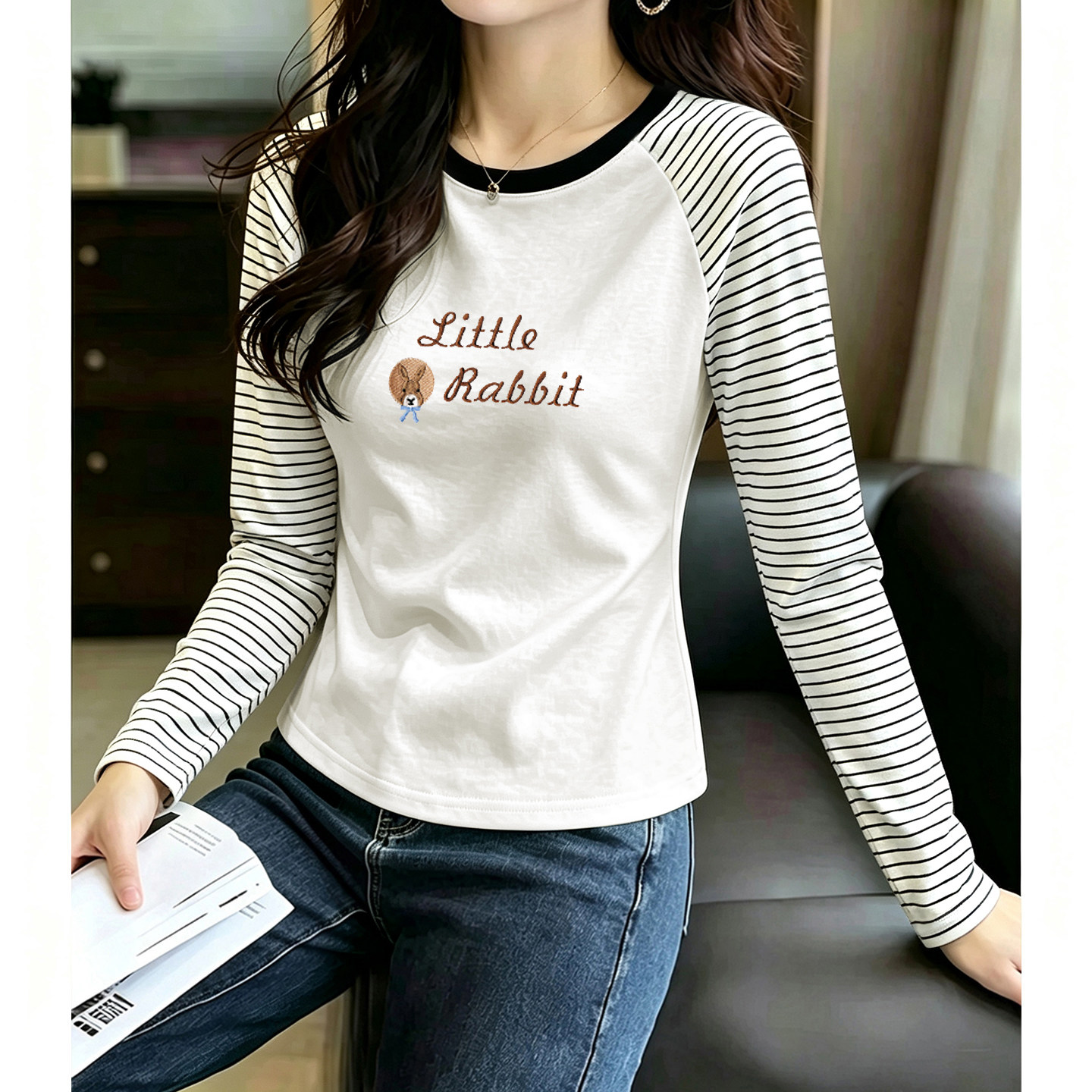 2026美式撞色条纹插肩袖长袖T恤女春秋季螺纹棉内搭外穿休闲上衣