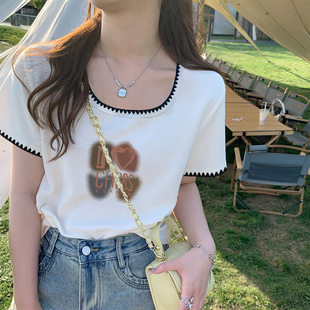 夏新款灰色韩版花边设计撞色方领短袖T恤女纯棉百搭白色上衣ins潮