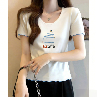 低领U领显瘦撞色木耳边上衣92棉打底衫 潮流新款 t恤女夏季 白色短袖