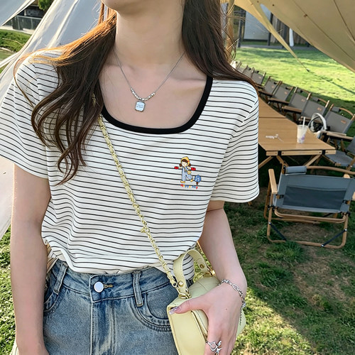 撞色方领短袖T恤女夏季新款休闲韩版条纹印花百搭减龄上衣ins风
