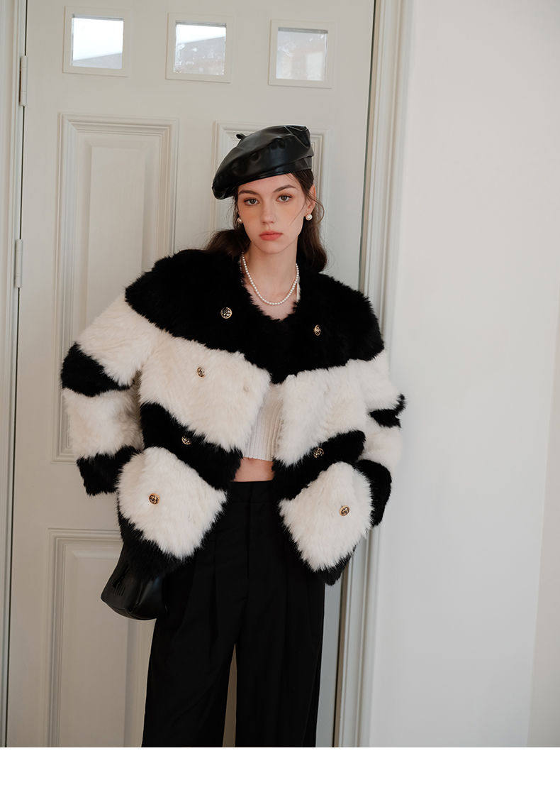 拼接黑白撞色仿皮草外套女秋冬新款轻奢名媛气质圆领短款毛绒上衣,女装/女士精品,皮草,淘宝优惠券,粉丝福利购,淘宝优惠卷
