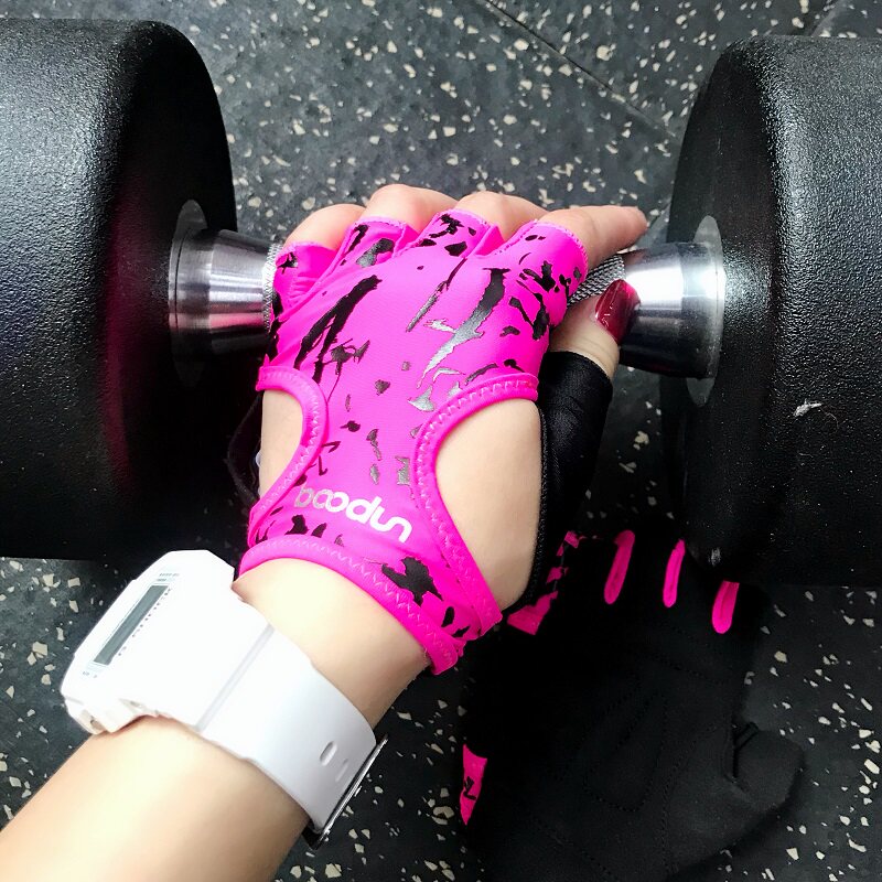撸铁举铁健身手套女薄豹粉高弹透气防滑耐磨器械单车运动半指手套