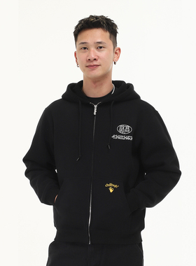 ChillHigh 中式风格秋高C字雕花主题拉链卫衣加绒加厚连帽开衫男