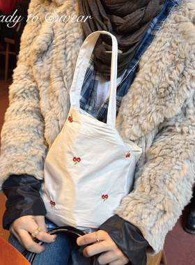 READY TO SWEAR Arc Pocket三色刺绣小花高密度纯棉单肩包手拎包