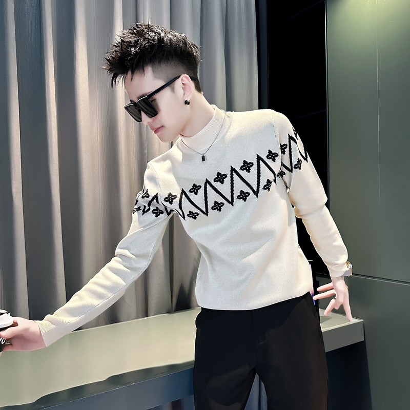 小伙秋冬新款男士毛衣打底针织衫M182-P78控108米色，男装T恤，电商D313