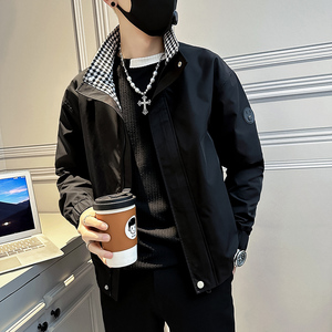 无头 春装新款男装千鸟格拼色修身夹克男外套 J65-P98 控138 白色图片