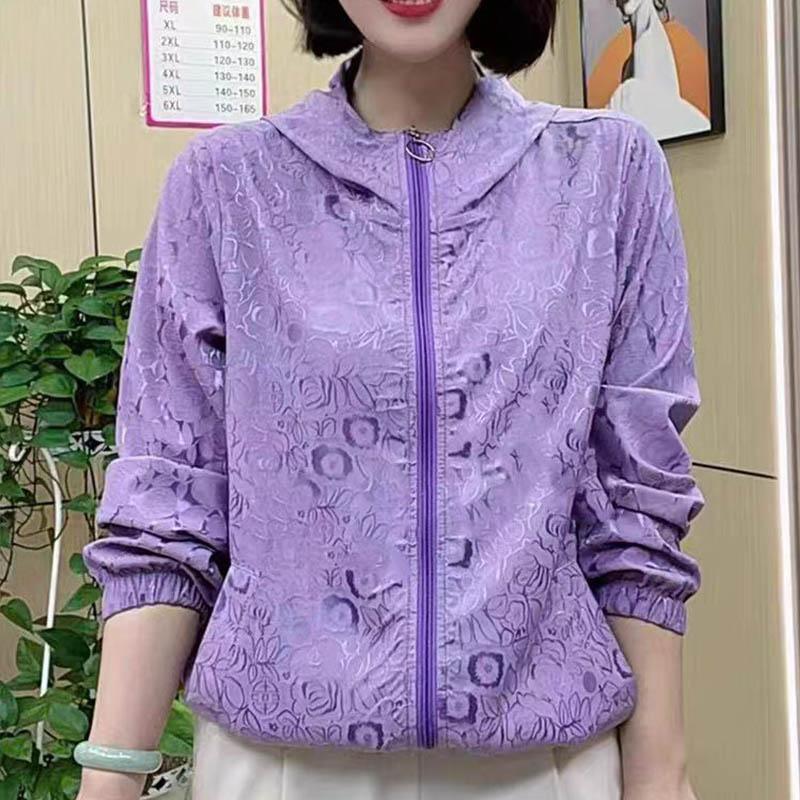 休闲连帽长袖防晒衣女士夏装新款妈妈装宽松外穿拉链外套春夏季