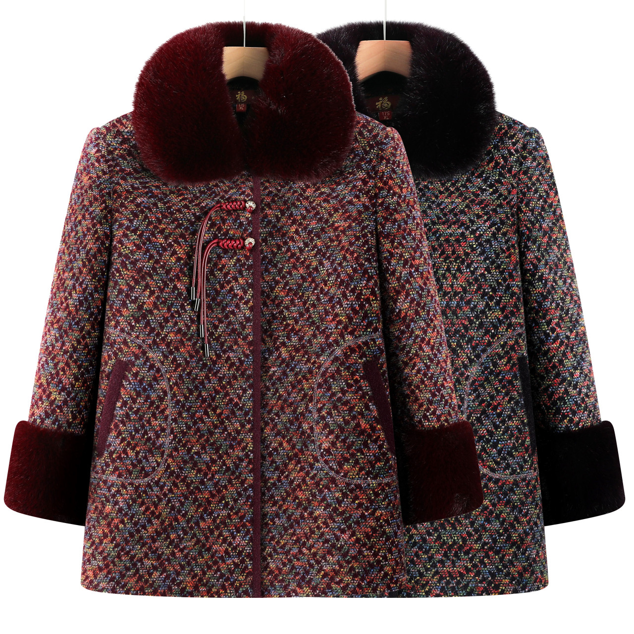 简约风加棉毛呢外套中老年女装妈妈装冬装加厚保暖毛领大衣奶奶装