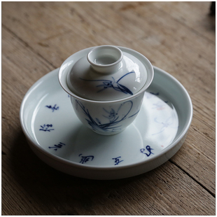 【天青 兰草兰干泡盘】潮州手绘 盖瓯 若深杯 反口 小品 工夫茶