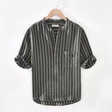 日系条纹衬衫男短袖宽松薄款立领套头半袖衬衫衣服T恤棉麻宽松夏
