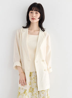 日单春夏新款双排扣薄款透视九分袖西装外套女