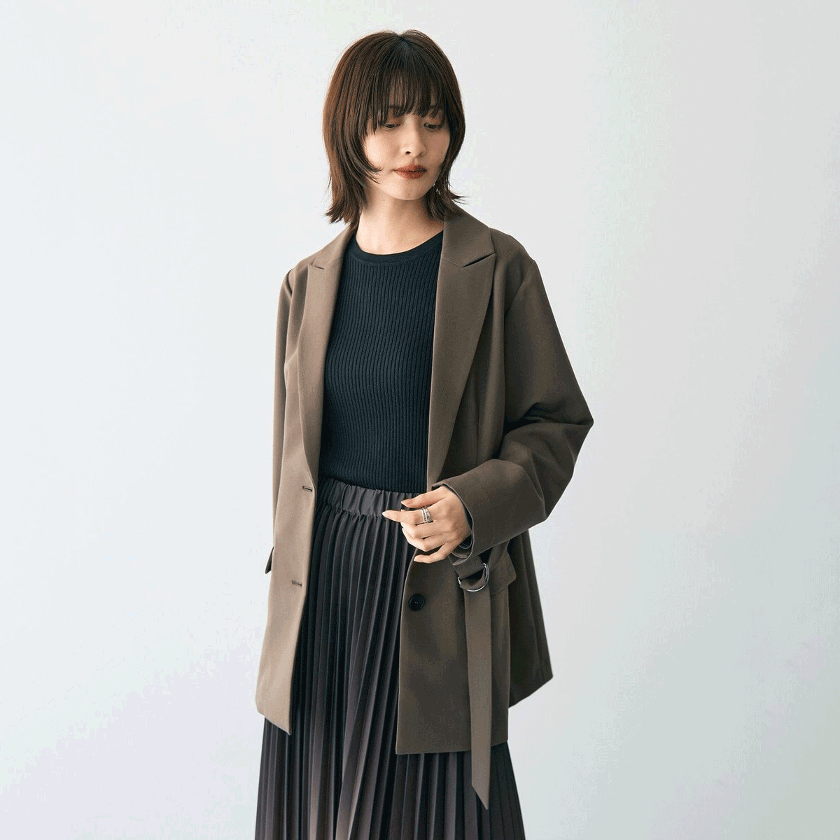 日单秋季新款2way翻领时尚系带简约西装外套女