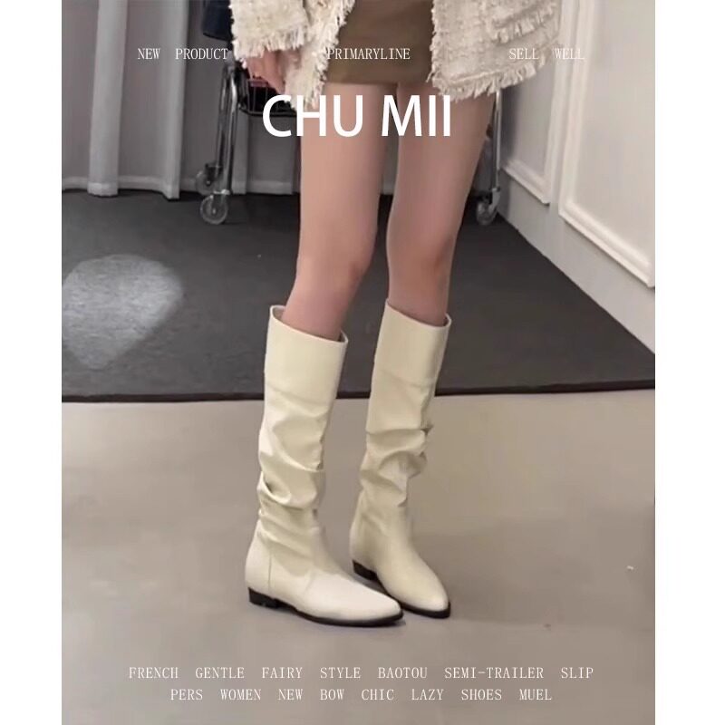 法式瘦瘦靴女白色长筒骑士靴