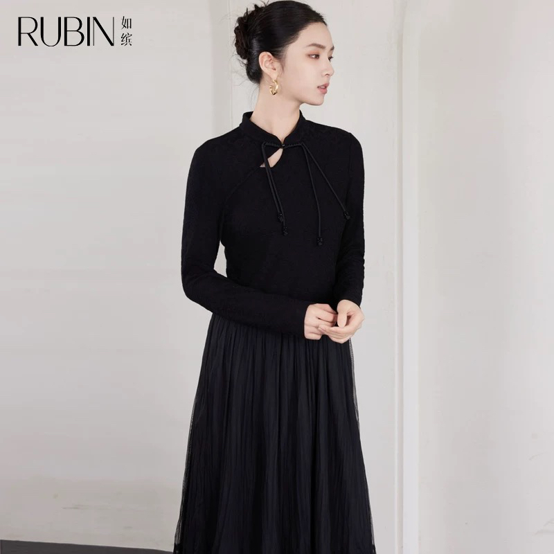 如缤RUBIN冬季新款女显瘦长袖针织复古新中式连衣裙6L54L64170