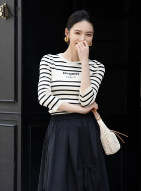 如缤RUBIN春装新款女装圆领条纹毛针织衫七分袖6A11M61869显瘦