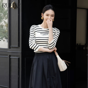 如缤RUBIN春装新款女装圆领条纹毛针织衫七分袖6A11M61869显瘦