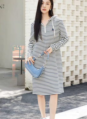如RB缤春装新款女装长袖条纹中长款休闲连帽连衣裙6A12L69325