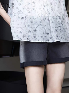 如缤RUBIN夏装新款女装高腰休闲黑色直筒牛仔短款6A23K63588