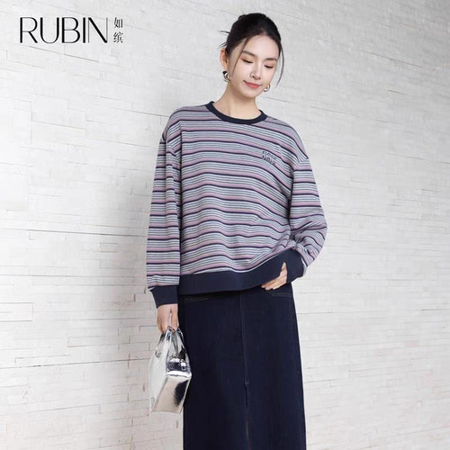 如缤RUBIN秋装新款女装长袖运动休闲条纹套头宽松卫衣6A33V63655