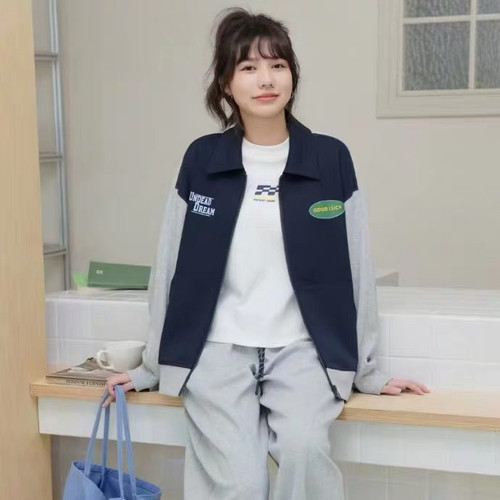 如缤RUBIN秋装新款女装运动休闲外套撞色拉链修身外套6A32W29663
