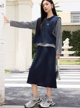 如缤RUBIN春装新款女装圆领长袖休闲风运动条纹套装6A12Z69369