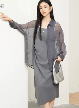 如缤RUBIN春装新款长袖休闲轻薄衬衫上衣宽松6A13C68788防晒衬衣