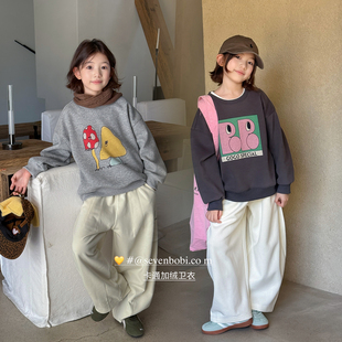 柒号童仓女大童韩系加绒卡通印花长袖卫衣秋装儿童休闲圆领上衣潮