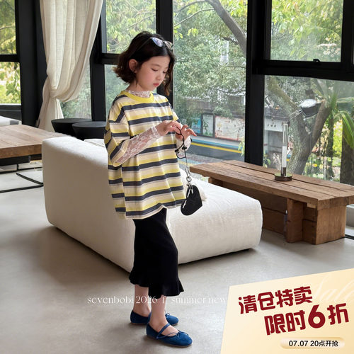 【亲子】柒号童仓女大童韩版宽松条纹T恤春夏新款洋气百搭短袖