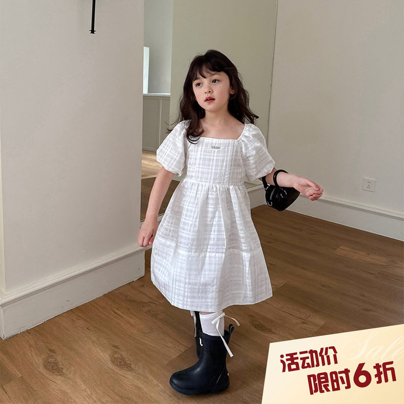 柒号童仓女大童韩版泡泡袖连衣裙夏装新款方领宽松公主裙白裙潮