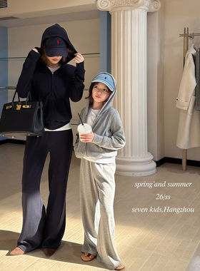 【亲子】柒号童仓女大童休闲显瘦套装春装新款儿童连帽外套长裤子