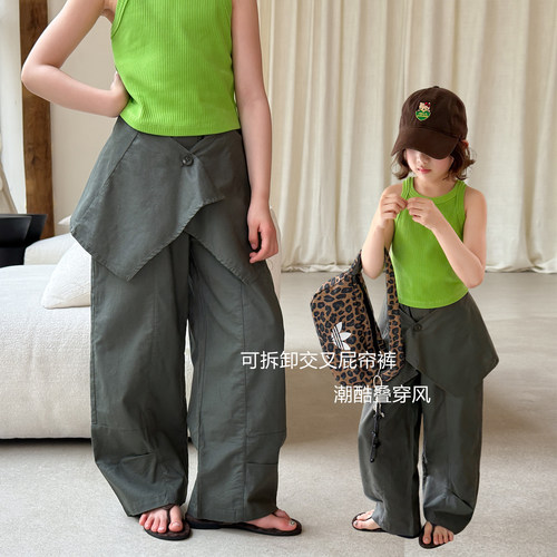 柒号童仓女大童韩系设计感可拆卸屁帘裤春夏装儿童洋气阔腿工装裤