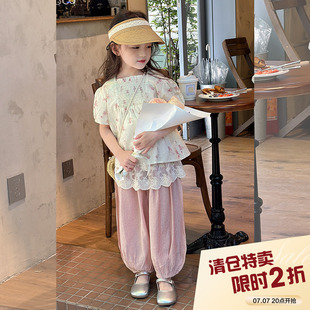 柒号童仓女童韩版泡泡袖方领衬衫夏装新款儿童甜美碎花短袖上衣潮