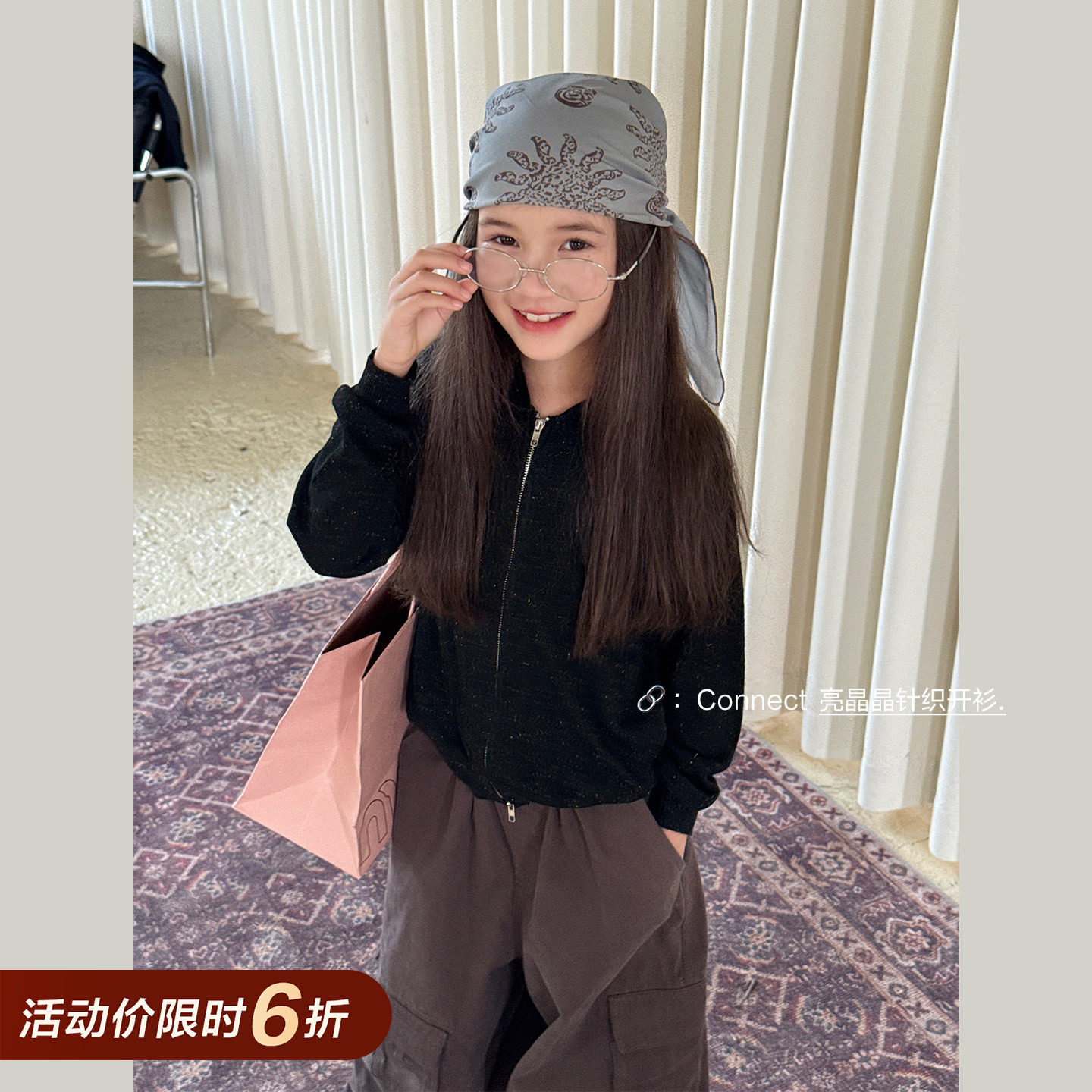 柒号童仓女大童韩版洋气针织帽衫冬装新款儿童宽松拉链休闲外套潮图片