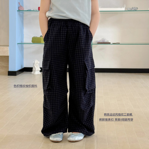 【亲子】柒号童仓女大童韩版格子休闲薄工装裤夏装儿童慵懒长裤子