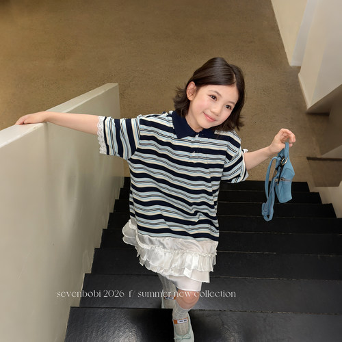 柒号童仓女大童韩版条纹撞色POLO连衣裙夏装新款儿童拼接蛋糕裙子