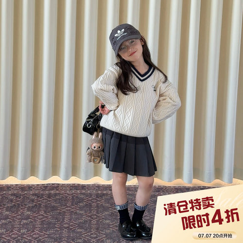 【亲子】柒号童仓儿童韩版洋气毛衣秋装女大童毛领针织V领上衣