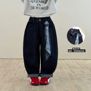 儿童丝带宽松老爹裤 柒号童仓女大童韩版 新款 秋装 潮 洋气翻边牛仔裤