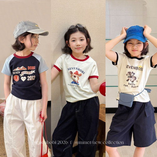 【亲子】柒号童仓女大童卡通印花短袖T恤夏装新款儿童圆领上衣潮