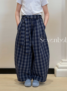 【亲子】柒号童仓女大童美式复古格纹弯刀裤春装新款儿童阔腿长裤