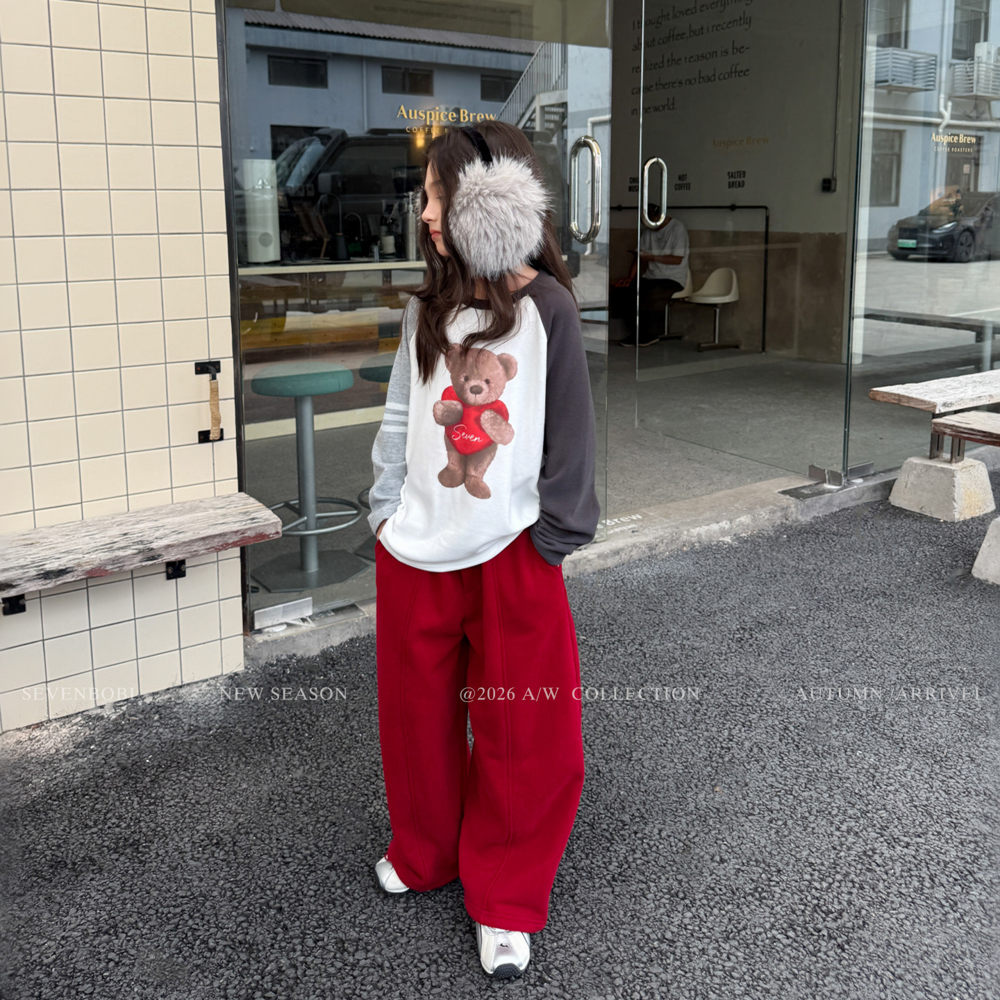 亲子/柒号童仓女大童韩系撞色小熊印花长袖T恤秋冬装儿童休闲上衣