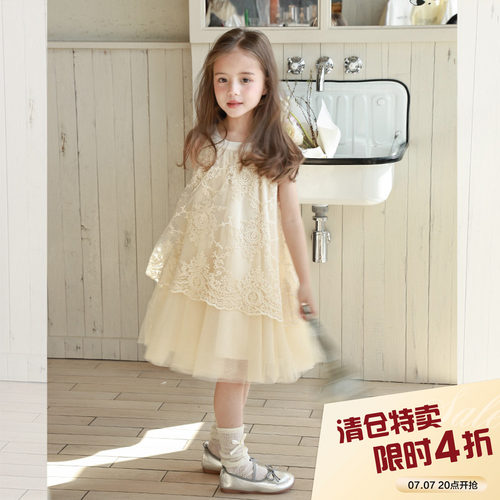 柒号童仓女童韩版高级感蕾丝连衣裙春装新款圆领拼接公主背心裙潮