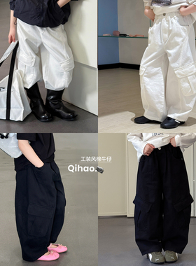 柒号童仓女大童韩版洋气直筒工装裤春装新款时髦大口袋阔腿长裤潮