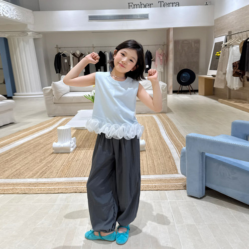 柒号童仓儿童洋气花边背心女大童夏装新款无袖小上衣设计感小衬衫