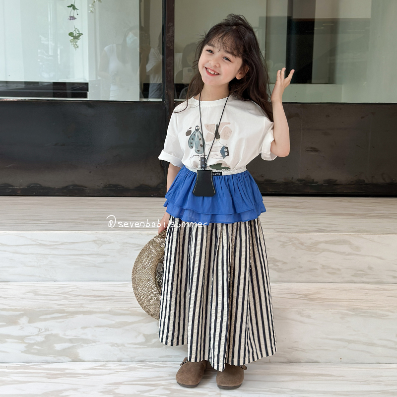 柒号童仓女大童韩版休闲短袖T恤夏装新款条纹裙叠穿百褶裙屁帘潮