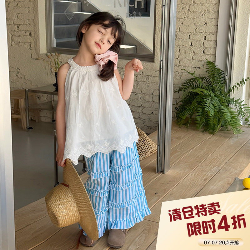 柒号童仓女大童韩版蓝条纹休闲裤2025夏装新款儿童花边直筒裤潮