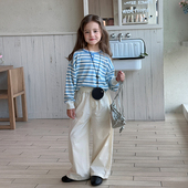 休闲条纹圆领上衣潮 新款 柒号童仓女童洋气半纽扣显瘦针织衫 春装