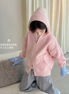 亲子/柒号童仓女大童洋气粉色毛衣外套秋冬装儿童韩系连帽针织衫
